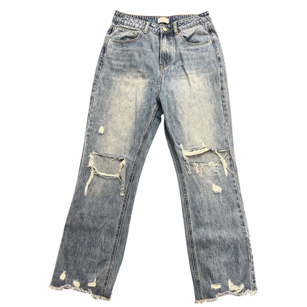 Pink Lily Distressed Straight Leg Jeans Womens 27 Light Wash Ripped High Rise